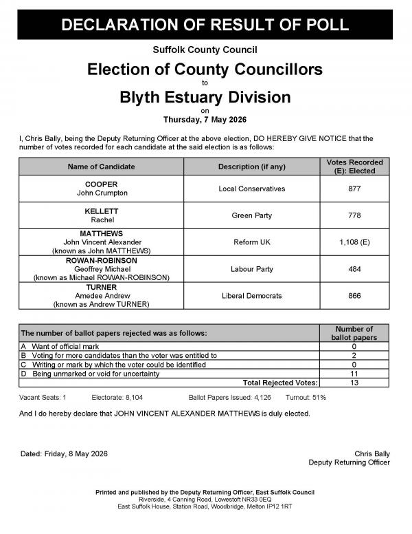 Declaration of Result of Poll Blyth Estuary